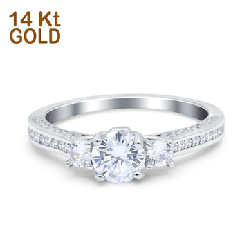 14K White Gold Three Stone Vintage Engagement Bridal Ring Round Simulated Cubic Zirconia Size-7